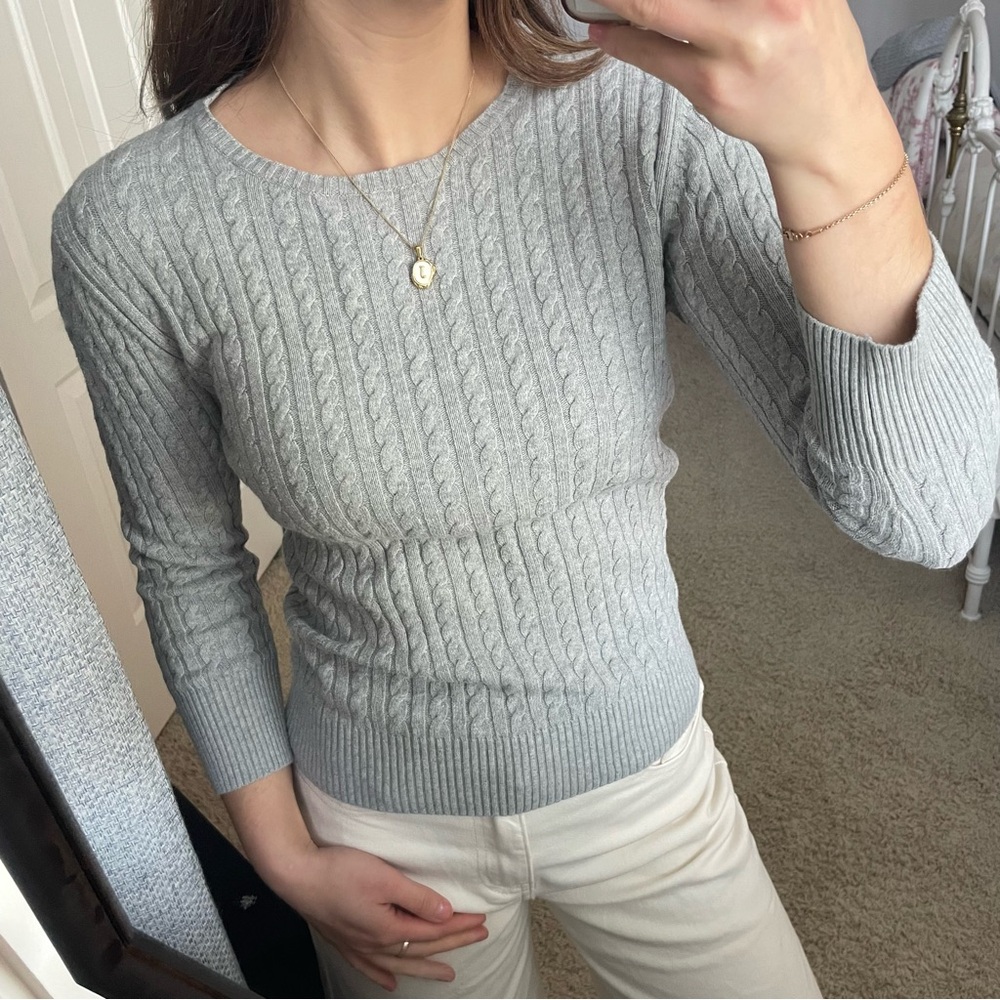 Classic Grey Cable Knit Crewneck Sweater
